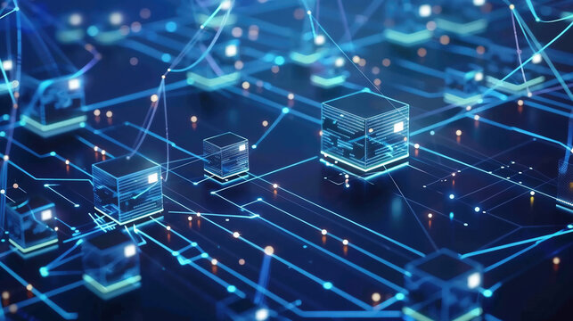 Isometric concept of quantum computers, blockchain, IT technology or coding. Information blocks in cyberspace.