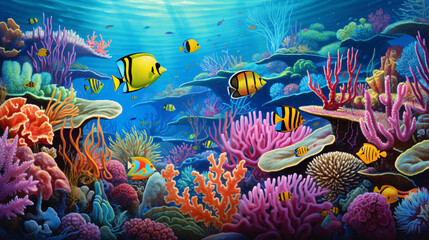 A vibrant coral reef teeming with colorful fish and ma - obrazy, fototapety, plakaty