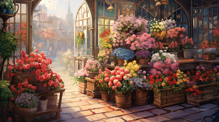 A vibrant flower market overflowing with colorful