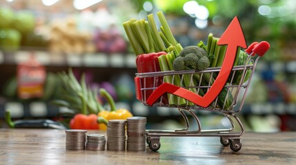 Rising grocery costs concept with coins stacked and arrows, shopping cart filled with healthy produce - financial planning and budgeting in a supermarket setting - AI generated - obrazy, fototapety, plakaty