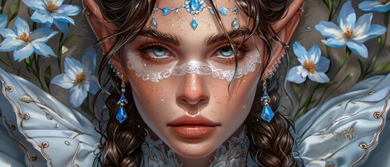  A woman wearing blue flowers in her hair and a blue butterfly on her forehead is depicted in this digital painting - obrazy, fototapety, plakaty