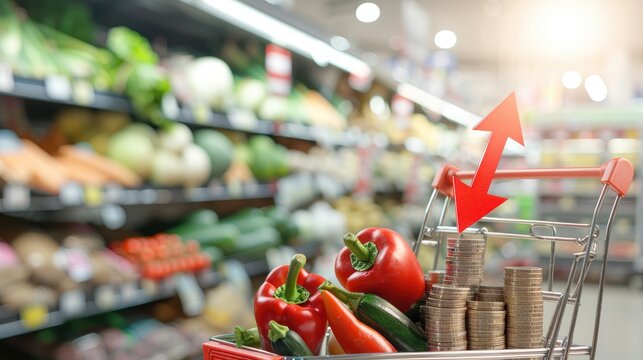 Rising grocery costs concept with coins stacked and arrows, shopping cart filled with healthy produce - financial planning and budgeting in a supermarket setting - AI generated