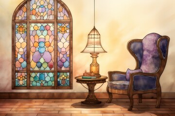 watercolor illustration Vintage style leather chair for decorating the corner of the room.