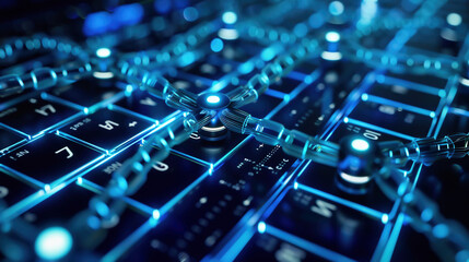 Isometric concept of quantum computers, blockchain, IT technology or coding. Information blocks in cyberspace.