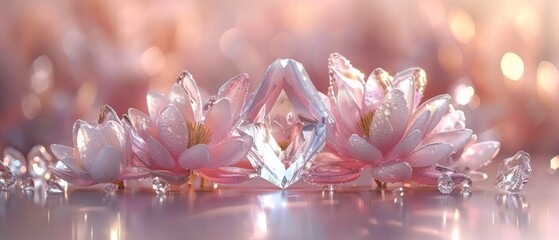  A cluster of fuchsias atop a dresser beside a radiant diamond diadem upon a dresser
