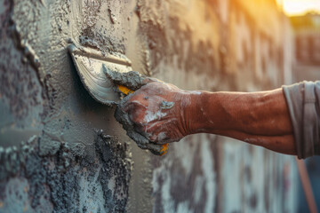 Hand of builder worker plastering at wall with trowel.