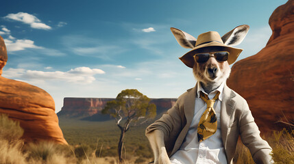 An artistically-created depiction of a debonair kangaroo donning chic eyewear, captured in high-definition against a backdrop of rugged bushland and clear blue skies, 