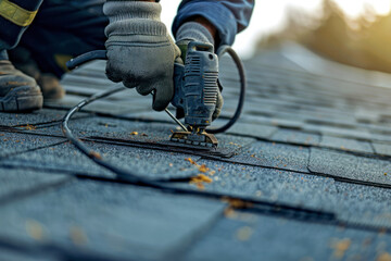 Roofer worker in special protective work wear and gloves, using air or pneumatic nail gun. - obrazy, fototapety, plakaty