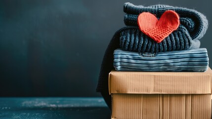 Charitable clothing donation concept with a cardboard box full of garments and a red heart symbol - promoting compassion and support through clothing drives - AI generated