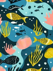 Crédence de cuisine en verre imprimé Vie marine Vibrant depiction of various fish swimming among colorful corals against a deep blue backdrop