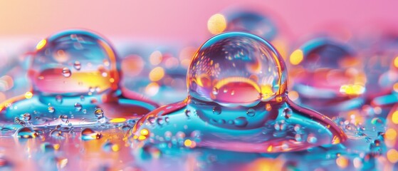  Water droplets float on blue and pink surface with water drops