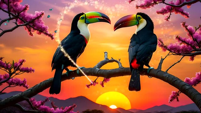 Two toucan on the branch at sunset. Seamless looping time-lapse 4k video animation background
