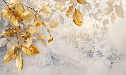 Abstract leaves on stone background, gray and golden colored