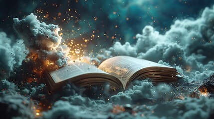 3D icon of flying five objects composition, including earth, book, bild, soft lighting and simple shapes at a high resolution using Octane render. Generative Ai