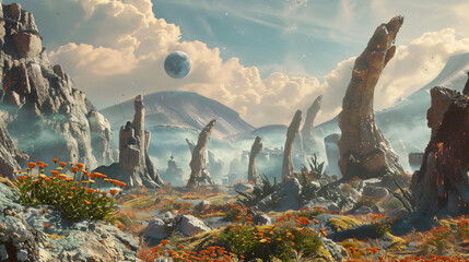 An alien landscape with strange rock formations and al - obrazy, fototapety, plakaty