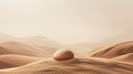 Fototapeta na wymiar Minimalist sphere in a vast desert landscape with smooth dunes.