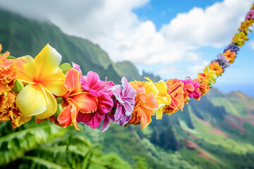 Tropical flower frangipani lei garland close up. Traditional Hawaiian symbol. Lei Day in Hawaii Island Ocean Background With Bokeh - obrazy, fototapety, plakaty