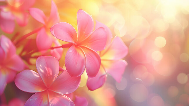 Pink Plumeria Banner, Tropical Flower Frangipani Lei Garland Close Up. Traditional Hawaiian Symbol. Lei Day In Hawaii