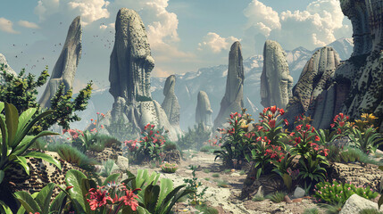 An alien landscape with strange rock formations and al - Powered by Adobe