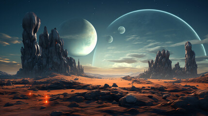 An alien landscape with strange rock formations and mu