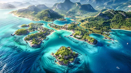 Foto op Plexiglas Aerial view of a tropical island coastline, capturing the pristine beauty and tranquil waters of a secluded paradise © MdIqbal