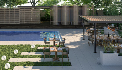 Patio & Beach Restaurant at Swimming Pool Deck - 3D Visualization - 765536286