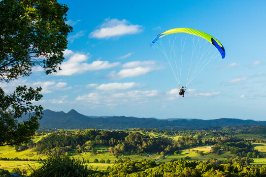 Paragliding above the hinterland near Byron Bay in the Northern Rivers.