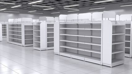 Supermarket interior mockup with empty racks. 3d illustration © Wire_man