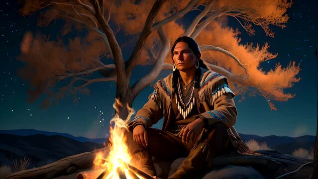 Native American Indian Warrior warm himself with a campfire. Seamless looping time-lapse 4k video animation background