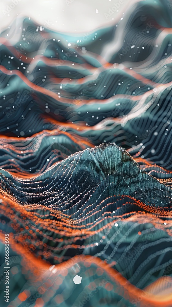Poster digital art of undulating abstract waves in shades of blue and orange with sparkling particle accent