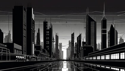 Stark monochromatic illustration of a futuristic cityscape with sleek buildings and reflections, exuding a sense of calm urbanity