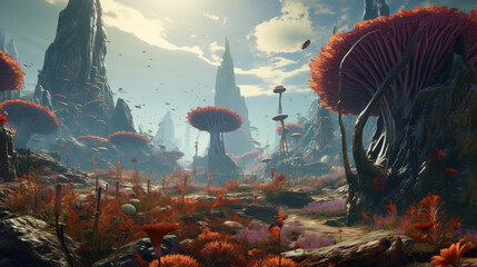 An alien planet with strange plants and creatures. - Powered by Adobe