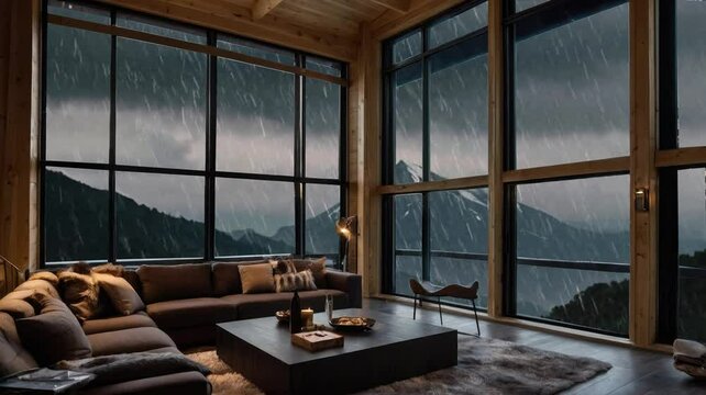 Rain falling, outside view from the window. Rainy scenary, flowing raindrops