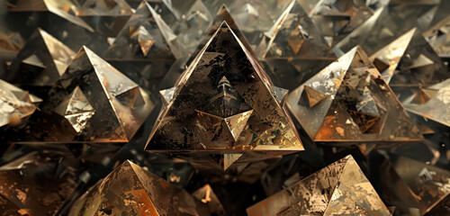 Copper tetrahedrons burst in a dramatic clash, shards frozen mid-explosion.