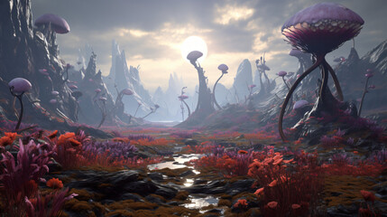An alien planet with strange plants and creatures.