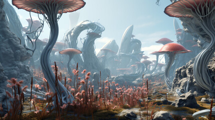 An alien planet with strange plants and creatures. - obrazy, fototapety, plakaty