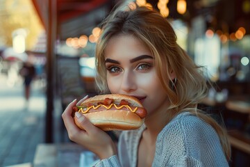 Beautiful young woman having a hotdog or burger stock photo - obrazy, fototapety, plakaty