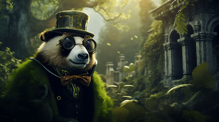 Artistic rendering of a debonair panda donning fashionable spectacles, captured in high-definition against a backdrop of lush greenery and serene natural surroundings - obrazy, fototapety, plakaty