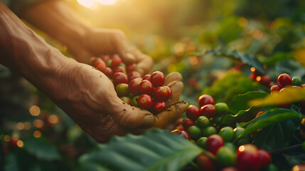 Hand picking ripe coffee cherries in tropical plantation. Harvesting, agriculture, and sustainable...