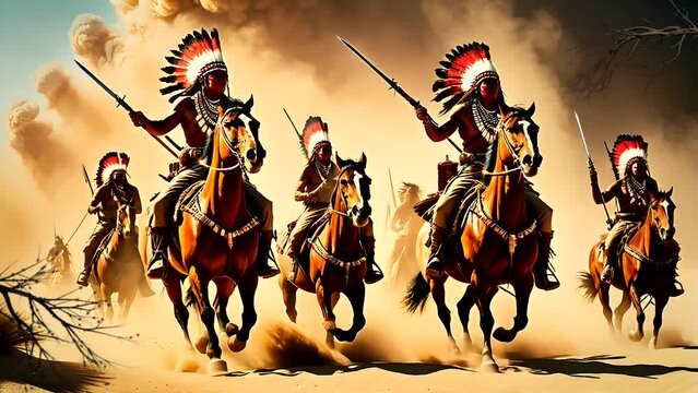 Dozen of native American Indian warrior on horseback. Seamless looping time-lapse 4k video animation background