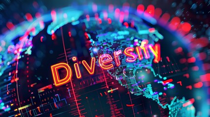word Diversify and colorful light spread around the digital world globe. generative AI