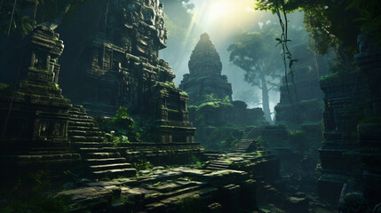 An ancient temple hidden deep within a jungle guarded