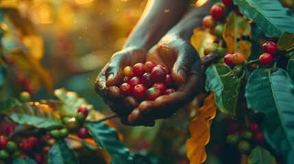 Hand picking ripe coffee cherries in tropical plantation. Harvesting, agriculture, and sustainable farming concept for design and print - obrazy, fototapety, plakaty