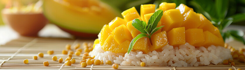 Traditional Thai mango sticky rice dessert garnished with mint on a bamboo mat. - obrazy, fototapety, plakaty
