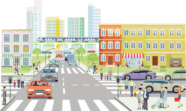 Stadtsilhouette einer Stadt mit Verkehr und Personen, illustration © scusi