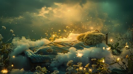 A mystical bed lies surrounded by glowing flowers and clouds, creating a magical forest atmosphere.