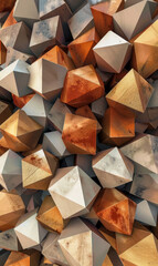 Sharp-edged tetrahedrons pack tightly in a rich, textured mosaic.