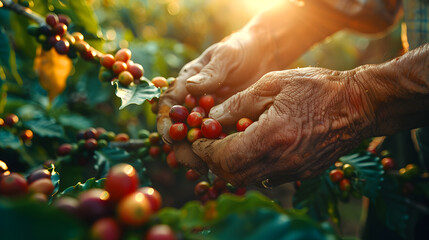 Farmer harvesting ripe coffee cherries by hand. Sustainable agriculture and fair trade farming concept for design and print - obrazy, fototapety, plakaty