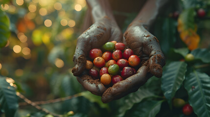 Hand picking ripe coffee cherries in tropical plantation. Harvesting, agriculture, and sustainable farming concept for design and print