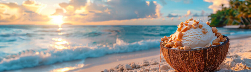 Exotic coconut bowl of ice cream with nuts on a sandy beach during a vibrant sunset. - obrazy, fototapety, plakaty